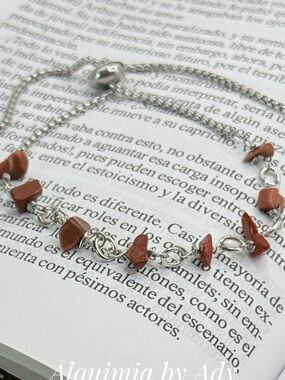 Red sunstone and jasper Chip Bracelet with Silver adjustable Chain